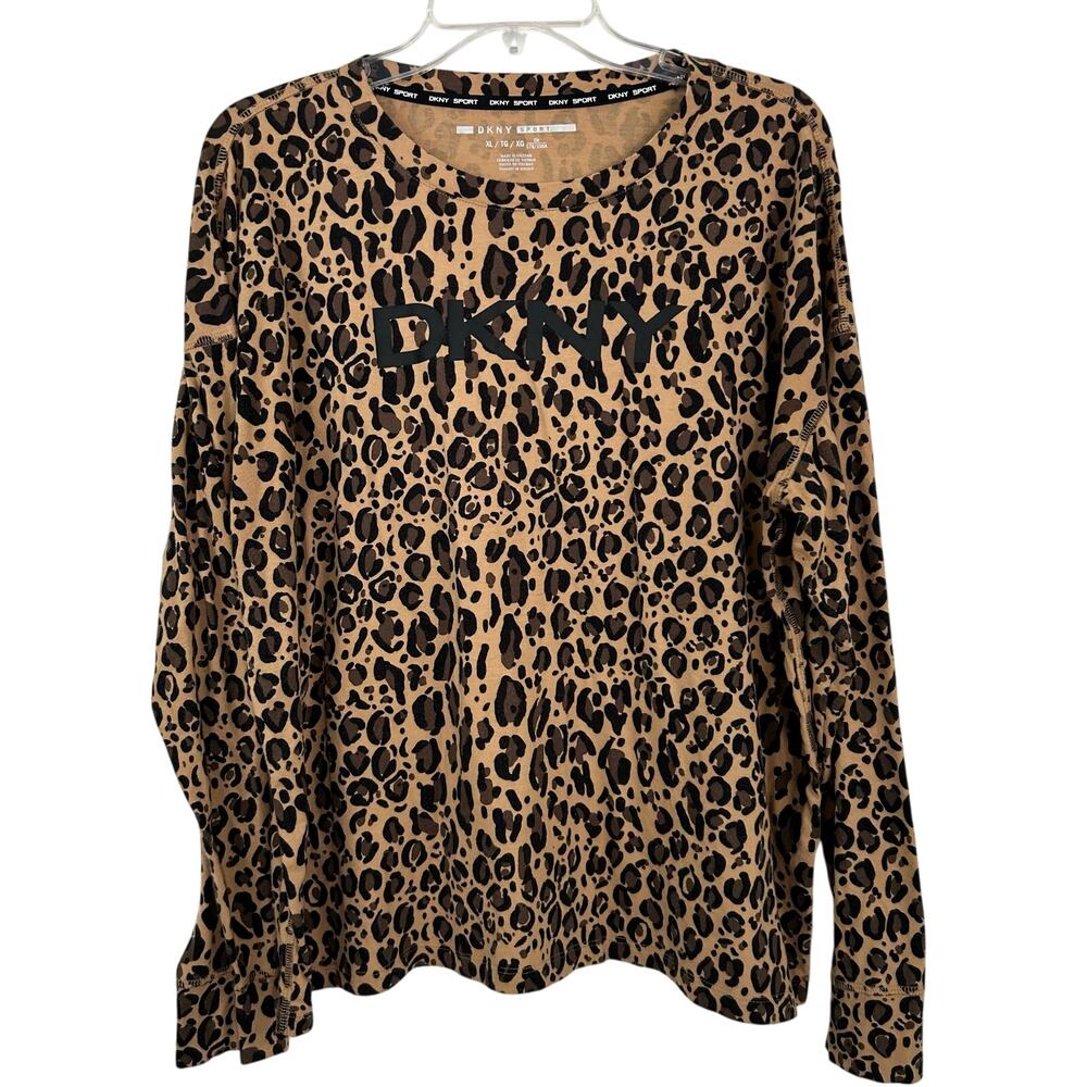 DKNY Women Long Sleeve Cheetah T-shirt Top Cotton Brown Mobwife Y2K Size XL - Picture 1 of 8